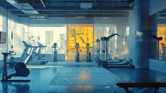 Digital artwork of urban gym construction roller paints and evolving blueprint concepts