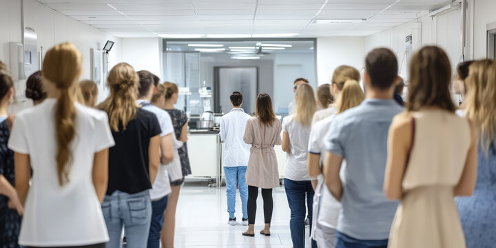 View from the back, Crowd of people in the interior of a modern clinic, concept of a queue to a professional doctor, medical appointment record, pandemic