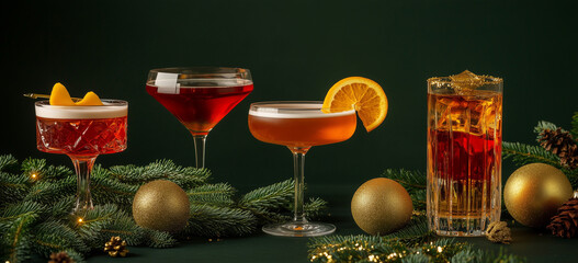 Product photography of four different types of cocktails, with pine tree branches and Christmas decorations on the table.  Made by AI