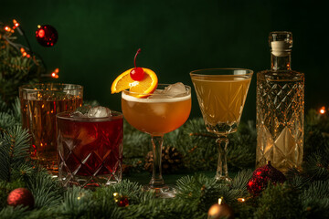 Product photography of five different types of cocktails. In the middle is an old-fashioned cocktail with an orange slice and a cherry on top.  Made by AI