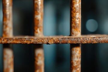 An artistic close-up of rusty prison bars, highlighting the theme of imprisonment and decay, reflecting societal issues and the impact of confinement on human spirit.