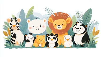 Fototapeta premium An Adorable baby animals playful cute elephant tiger lion penguin bear cartoon illustration animal wildlife fauna zoo safari jungle nature happy