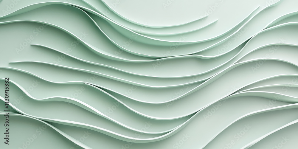 Wall mural mint green background with flowing wave patterns. the light gray texture adds depth, with smooth lin