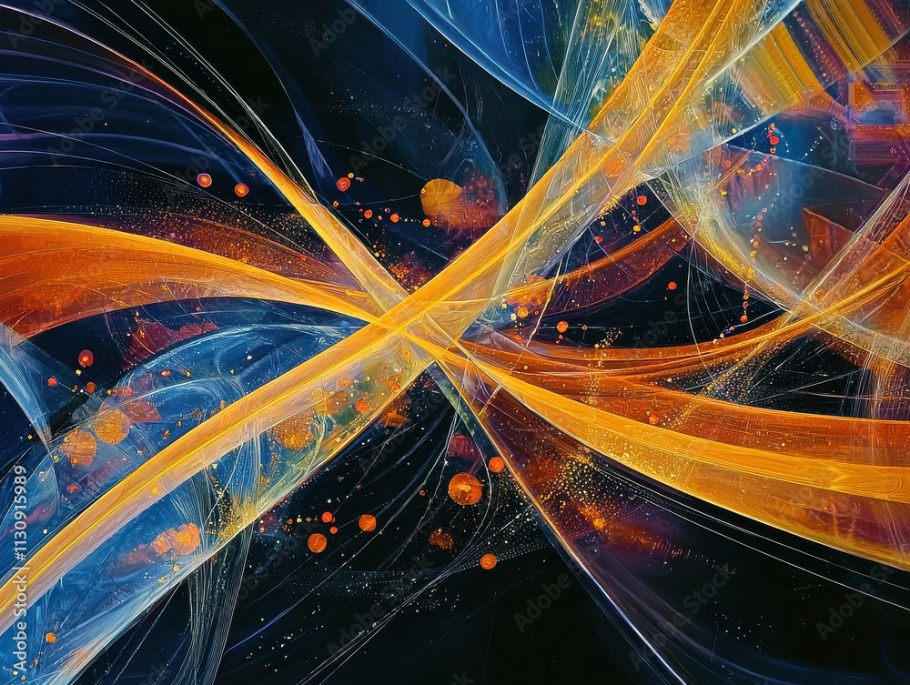 Poster convergence of lines and dots dynamic motion paths in virtual abstract art