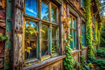 Panoramic Weathered Window Photography: Rustic Charm, Old Glass, Architectural Detail, Vintage Frames, Decaying Beauty
