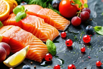 Healthy eating featuring salmon fruits vegetables and berries superfood