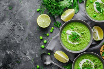 Obraz premium Healthy green vegetable soup Clean vegan vegetarian top view