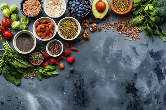 Healthy food options fruits vegetables seeds superfoods cereals leafy greens on concrete background