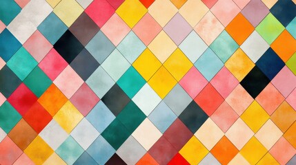 Colorful diamond pattern in vibrant hues creates a lively and artistic backdrop.