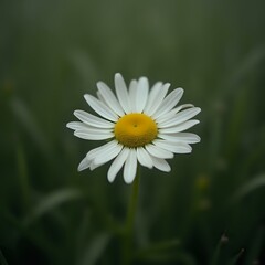 Obraz premium A close-up photo of a single white daisy flower with a yellow center, set against a blurred green background.
