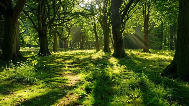 Beautiful sunlit forest scene in Knole Park, England during summer with warm, glowing sunlight passing through the trees.