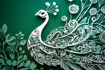 Fototapeta premium Paper cut, peacock on emerald green background, elaborate patterns and radiant feathers, royal bird concept.