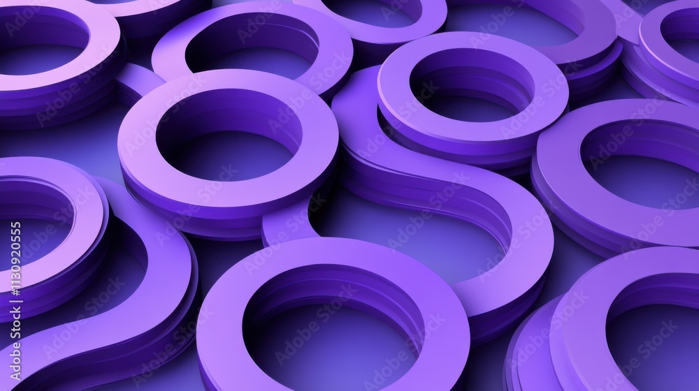 Poster A dynamic arrangement of purple rings creating an abstract, modern design emphasizing depth and texture.