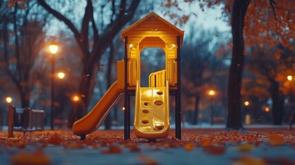 Autumn playground at dusk, leaves falling.
