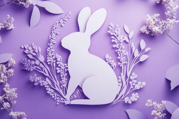 Obraz premium Paper cut, rabbit on soft lavender background, delicate curves and subtle hues, playful nature theme.