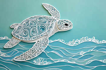 Fototapeta premium Paper cut, sea turtle on aquamarine background, intricate shell patterns and gentle waves, marine life art.