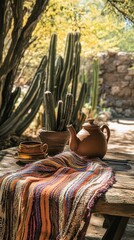 Naklejka premium Cultural heritage scene traditional desert wood table and clay teapot setup