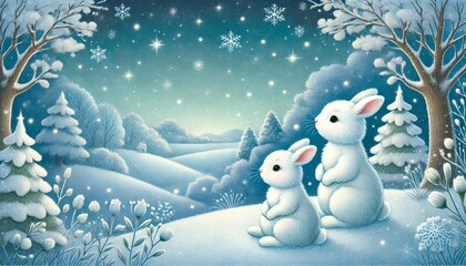 Obraz premium Two White Rabbits Sitting Peacefully Under a Starry Winter Sky Surrounded by Snow-Covered Hills, Frosted Trees, and Blooming Winter Flowers