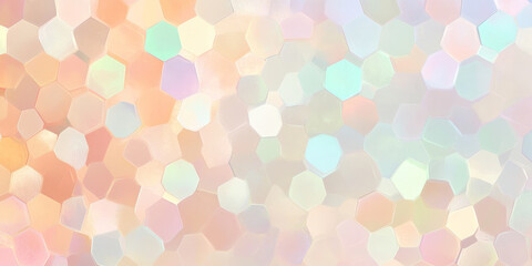 Soft pastel abstract background with a hexagonal tile pattern. Glowing lights gently illuminate each hexagon in shades of peach, lavender, and mint, creating a calm, dreamy atmosphere with a