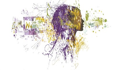 abstract representation of a woman’s profile combined with symbolic imagery of marches, banners, and the power of collective voices demanding change. [Women]:[rights movements] 