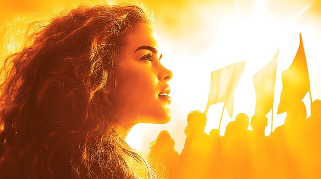 abstract representation of a woman’s profile combined with symbolic imagery of marches, banners, and the power of collective voices demanding change. [Women]:[rights movements] 