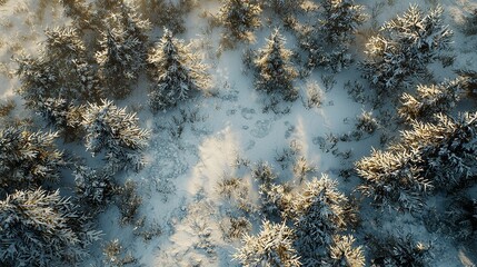 Drone photo of snow-covered evergreen trees after a fresh snowfall