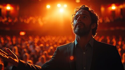 A preacher passionately gestures while delivering a sermon to a large audience in a megachurch