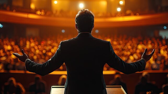 A preacher passionately gestures while delivering a sermon to a large audience in a megachurch