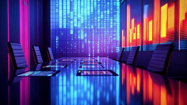 Vibrant digital data flow in futuristic conference room