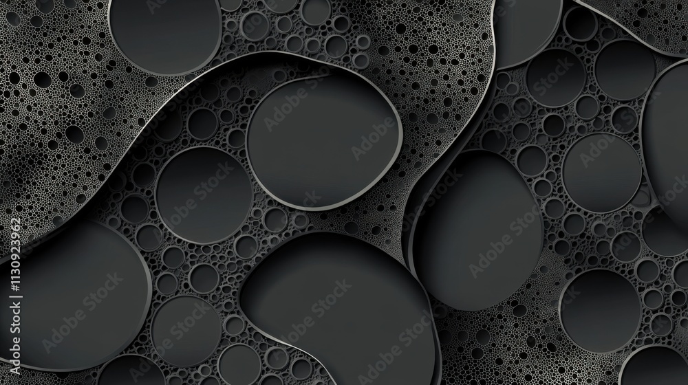 Poster abstract black and gray design featuring intricate patterns of bubbles and curves, creating a modern
