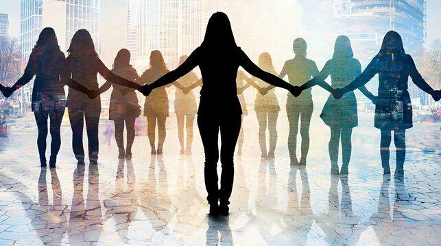 of a woman linking arms with others, overlaid with an image of unity and collective strength. | [Women]:[rights movements] 