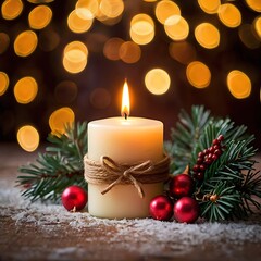 Christmas Candle Decoration with Pine and Red Ornaments