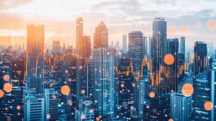 Obraz premium Urban skyline with financial graph overlay during sunset view