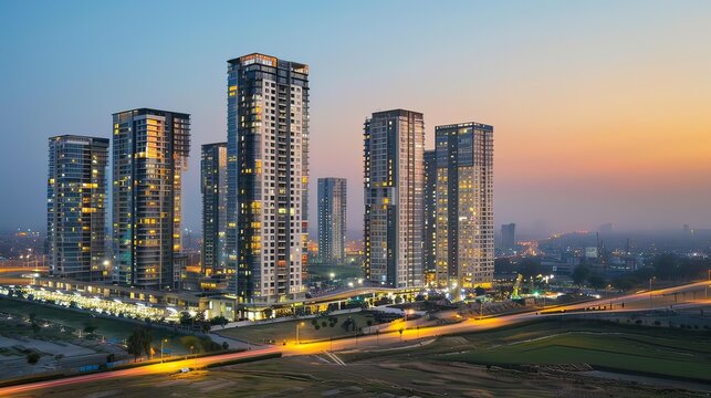 High-rise commercial buildings in Gurgaon, India, during dusk with lights illuminating the skyline.