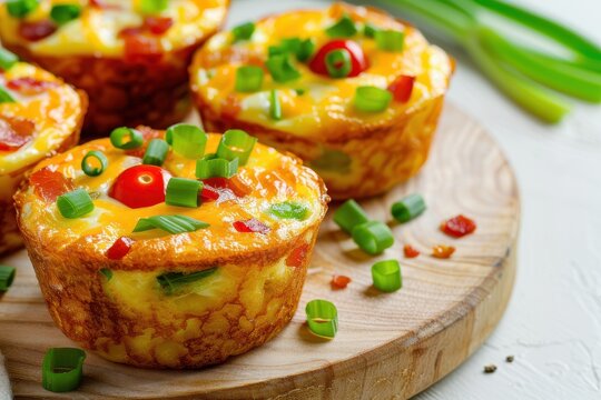 Homemade egg muffins with green onions bacon cheese and tomatoes on wooden board Nutritious high protein breakfast option