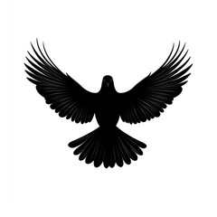 Fototapeta premium Silhouette of a soaring black bird, likely a dove or pigeon, with outstretched wings, in a stylized graphic design.