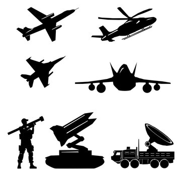 Military aircraft, helicopters, and air defense system silhouettes.