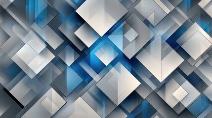 A striking abstract background featuring layers of geometric shapes in shades of blue and grey.