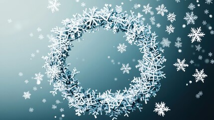 A beautiful winter wreath made of intricate snowflakes against a gradient blue background, evoking a serene holiday mood.