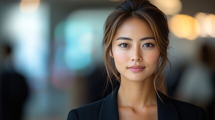 Naklejka premium A serious Asian woman poses in a studio, representing career pride and confidence in her role as a journalist or reporter