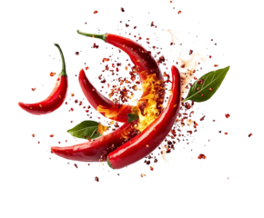 Falling bursting chili peppers on white and transparent background 
