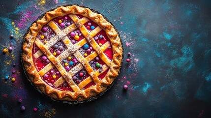 Colorful berry pie with woven crust on textured backdrop