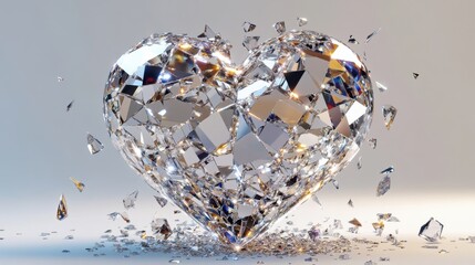 Fototapeta premium An intricately designed heart-shaped diamond sparkles with brilliance, surrounded by shimmering shards of crystal.
