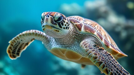 Fototapeta premium Close-up of a sea turtle swimming in an aquarium.