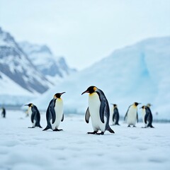 Obraz premium Group of Penguins on Icy Plateau with Snowy Mountains and Pale Blue Sky