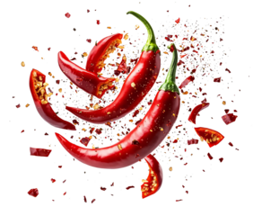 Falling bursting chili peppers on white and transparent background 