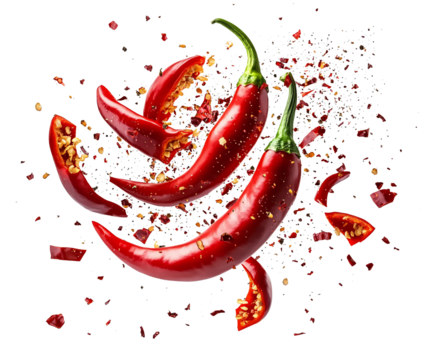 Falling bursting chili peppers on white and transparent background 