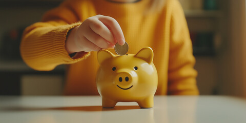 Child saving money inserting coin in piggy bank