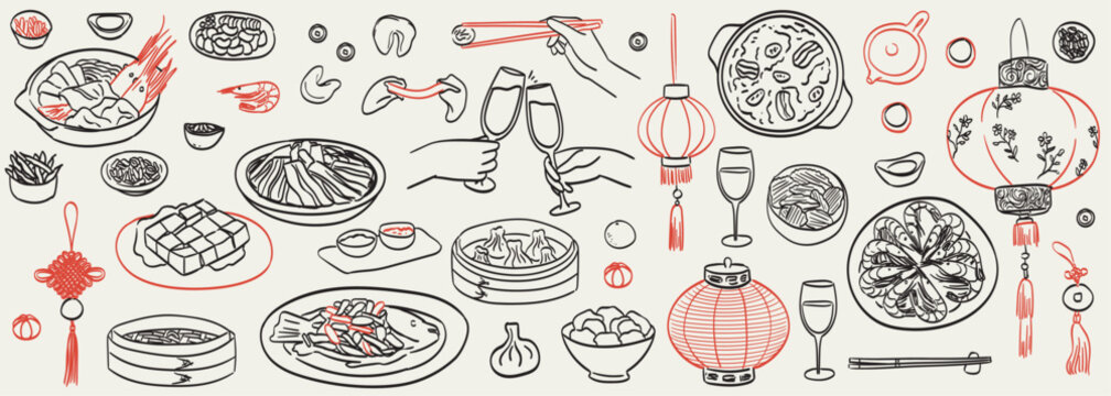 Chinese lunar new year eve dinner served table. Happy reunion. Good luck wishes and seafood and meat with vegetable dishes in ink doodle style for icons or cafe or restaurant menu and greetings.