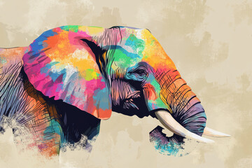 Elephant illustration, bold colors, graphic design, stylized animal portrait, unique art style on a light background, emphasis on features and colors.